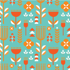 Mid-century modern floral seamless vector pattern in retro folk art style
