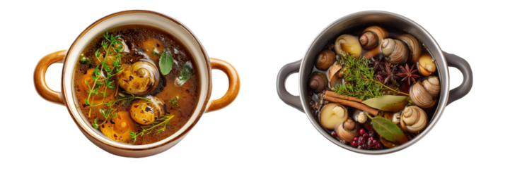 Set of pot of snail cooking broth, isolated on transparent background. 