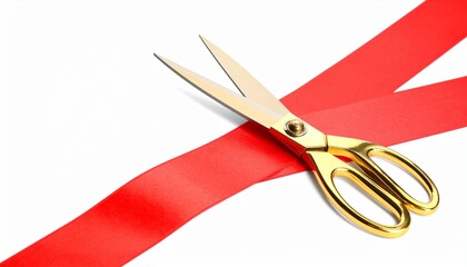 Golden scissors cutting red satin ribbon in ceremonial opening gesture.