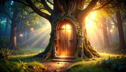 Enchanting forest scene with a mystical doorway