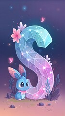 Obraz premium Cute bunny and glowing letter s with flowers and butterflies