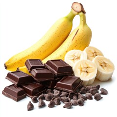 Two bananas, chocolate squares, and chocolate chips