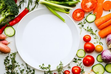 Raw vegetable platter, flat lay style, blank white table around for label or info