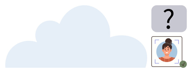 Large blue cloud representing data storage, user profile photo with verification checkmark, and question mark icon. Ideal for technology, security, cloud computing, identity, data protection