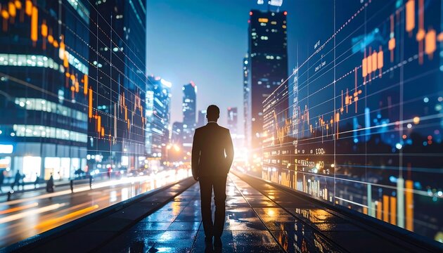 A businessman walks a city street at night.  Financial data overlays - Powered by Adobe