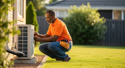 Maintenance worker performing routine checkup on splitsystem air conditioner outside house.