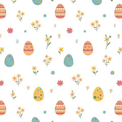 Cheerful Easter Eggs and Spring Flowers Seamless Pattern