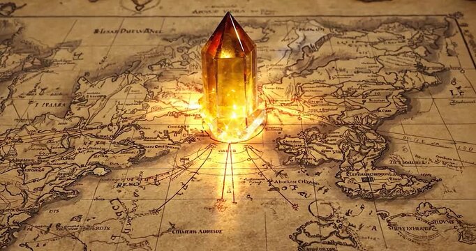 Amber crystal on ancient map