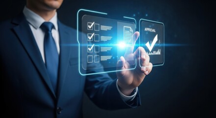 Businessman in a suit interacting with a futuristic holographic interface displaying a digital checklist with glowing checkmarks and data