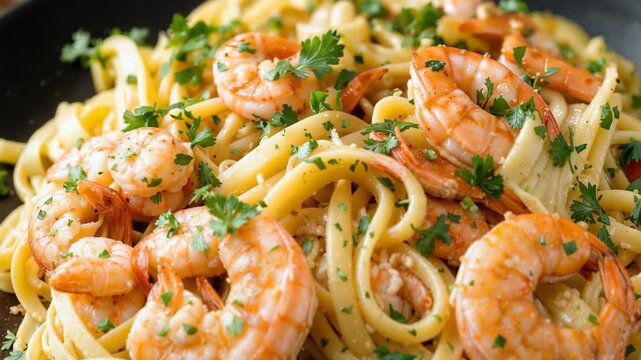 Delicious linguine with shrimps, garlic and parsley lying on a dark plate.