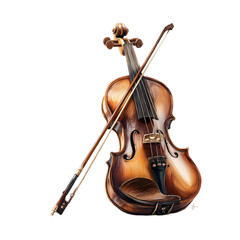 Fototapeta premium Classic wooden violin with bow resting against it showcasing intricate craftsmanship and warm tones isolated on transparent background