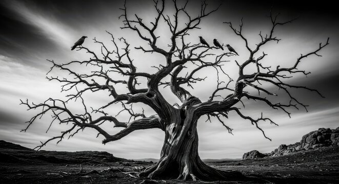 A starkly beautiful gnarled ancient dead tree stands silhouetted against a dramatic cloudy sky with crows perched on its branches