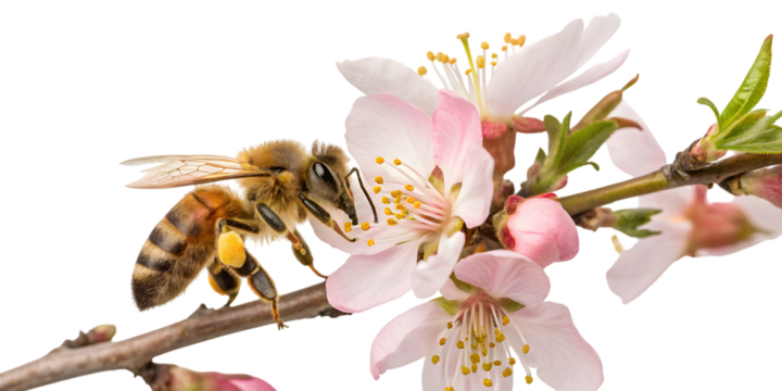 Captivating close up of a busy bee collecting nectar from delicate pink spring blossoms on a branch, signifying nature's bounty and pollination. transparent background Png