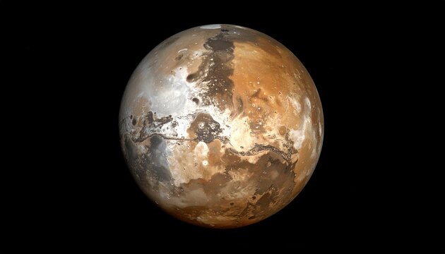 Textured planet with icy poles and rocky surface floating in deep space. - Powered by Adobe