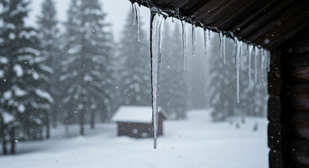 Nature Background Background winter cabin icicles snow scene: a frosty landscape with a cozy retreat in the woods