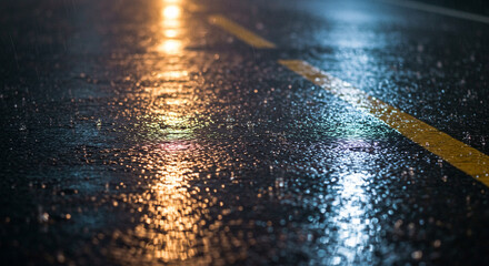 Nature Background Background wet road surface texture background with reflections of lights on asphalt roadway at night