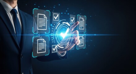Businessman interacting with a futuristic holographic interface displaying digital documents and workflow automation for business process management