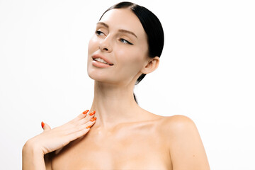 Close-up portrait of a woman with clear skin and elegant makeup, showcasing beauty and confidence...