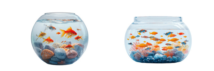 Set of realistic aquarium filled with fish and rocks in a glass container, isolated on transparent background.
