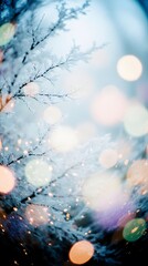 Widescreen backdrop. New year Winter art design, wide screen holiday border, Christmas winter blurred background. Xmas tree with snow decorated with garland lights, holiday festive background. 
