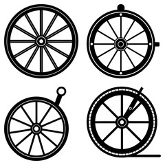 Fototapeta premium Four black and white wheel designs with spokes and varying details in a simple graphic arrangement