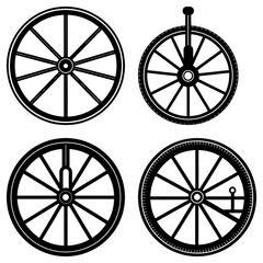 Fototapeta premium Four different wheel designs with spokes and unique features in a black and white illustration style