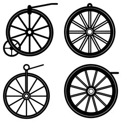 Fototapeta premium Four black and white wheels with spokes and axles in a square arrangement on a white background are shown