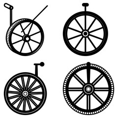 Fototapeta premium Four distinct black and white wheel designs with spokes and unique frame attachments are displayed here