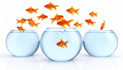 Goldfish leaping mid-air between fishbowls&mdash;left bowl contains one fish, middle shows burst and splash, right is empty. Scene communicates decisive movement, freedom, and symbolic transition from const