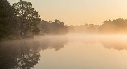 Fototapeta premium Misty Lake at Sunrise: Serene Golden Hour Reflection