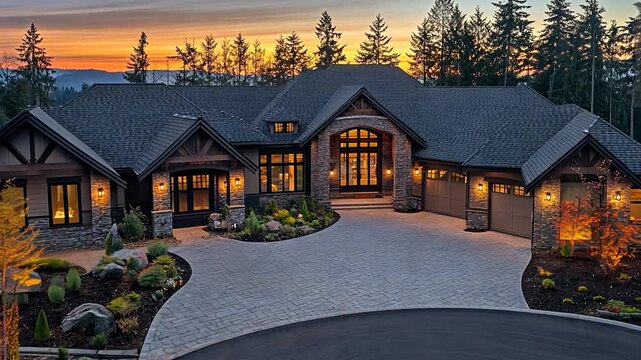 Luxurious home at sunset with landscaping and paved driveway