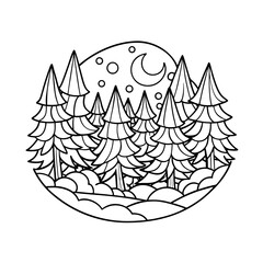 snowy forest with moon coloring page black outline