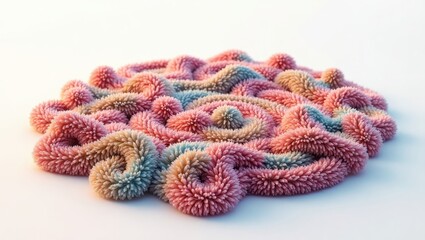 Abstract design of swirling, textured shapes in shades of pink, beige, and blue.