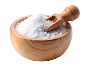 A wooden bowl filled with white salt