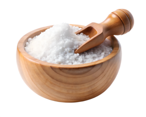 A wooden bowl filled with white salt