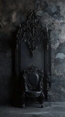 An imposing and ornately carved black gothic throne sitting empty in front of a dark, textured, grunge-style concrete wall