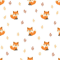 Fototapeta premium Cute Fox Pattern with Autumn Leaves