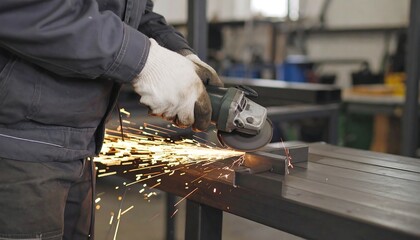 A worker uses an angle grinder to cut metal, sparks flying (1)