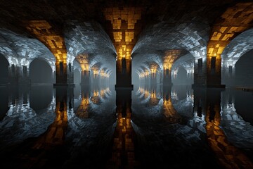 Dark, arched subterranean tunnel, reflected