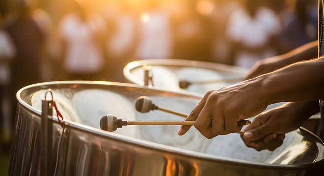 Close-up of a musician's hands playing steel pan drums at a vibrant outdoor festival during a golden sunset.