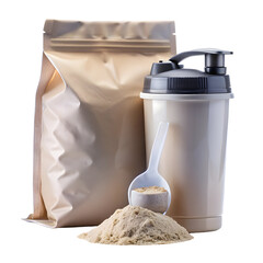 A glass of milk drink, a pile of powdered milk, and its packaging.