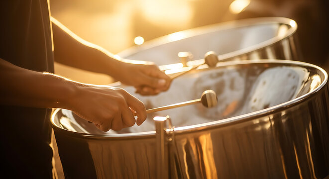Close-up of a musician's hands playing a traditional steel pan drum with mallets, illuminated by warm golden hour light.