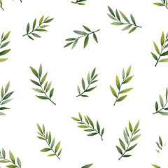 Fototapeta premium Seamless pattern of delicate green leaves on white background