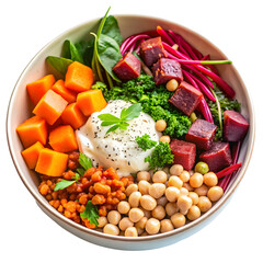 Colorful and Nutritious Vegan Buddha Bowl with Fresh Vegetables, Rice, and Protein-rich Ingredients