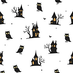 Spooky Halloween Pattern: Owls Haunted Houses and Bats