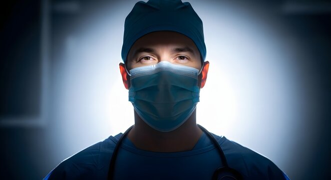 Focused male surgeon wearing a protective mask and cap, a dramatic backlit portrait of a dedicated healthcare professional. - Powered by Adobe