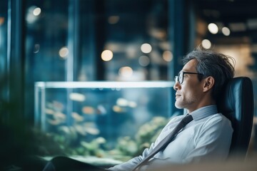 Contemplative businessman gazes out the window near aquarium reflecting on success and growth