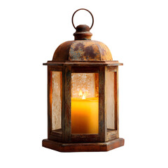 Antique rustic metal lantern with a glowing candle inside casting warm light isolated on transparent background