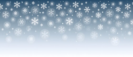 a gradient blue to white background, A winter scene with many snowflakes.  Blue shiny winter banner with snow, panoramic winter scene of falling snowflakes,  wallpaper