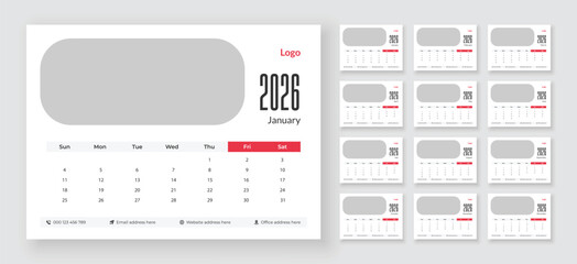 Desk calendar 2026 planner template, Monthly calendar layout for 2026 year, corporate desk calendar schedule 2026, Week starts on sunday.